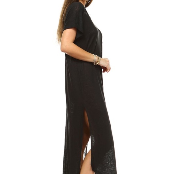 Amerikan Basics Small 100% Linen Tab Sleeve Black Summer Sheer Split Sides Dress - Picture 2 of 12